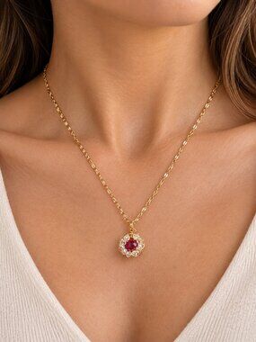 Handmade Gold Plated Red & White  Austria Glass Bead Necklace, pendant